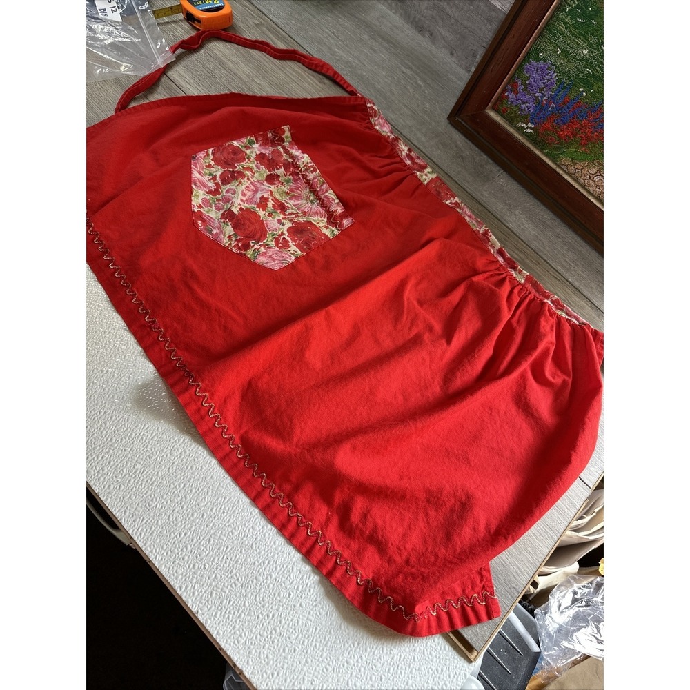 Unbranded Half Apron Women OS Red Excellent Floral Pocket Rickrack Retro Cotton